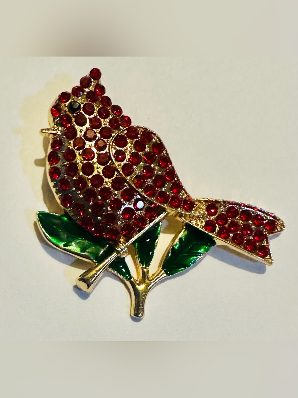 Red Crystal Cardinal Brooch Pin - Gold Tone with Green Leaves